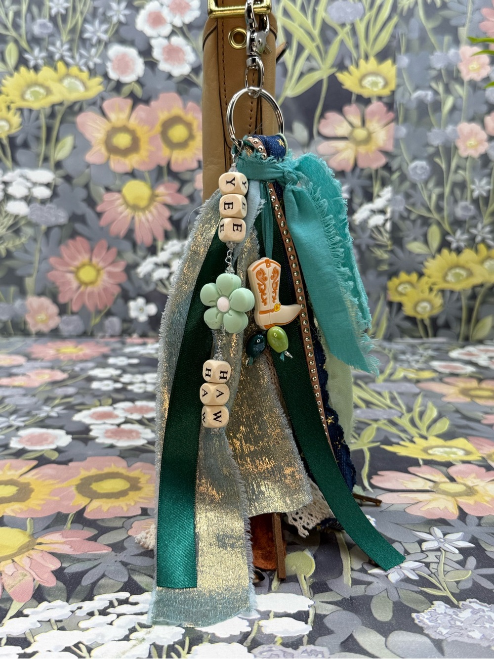 Adorned Crown Jewelry purse bag charm keychain yee haw cowgirl fabric tassel